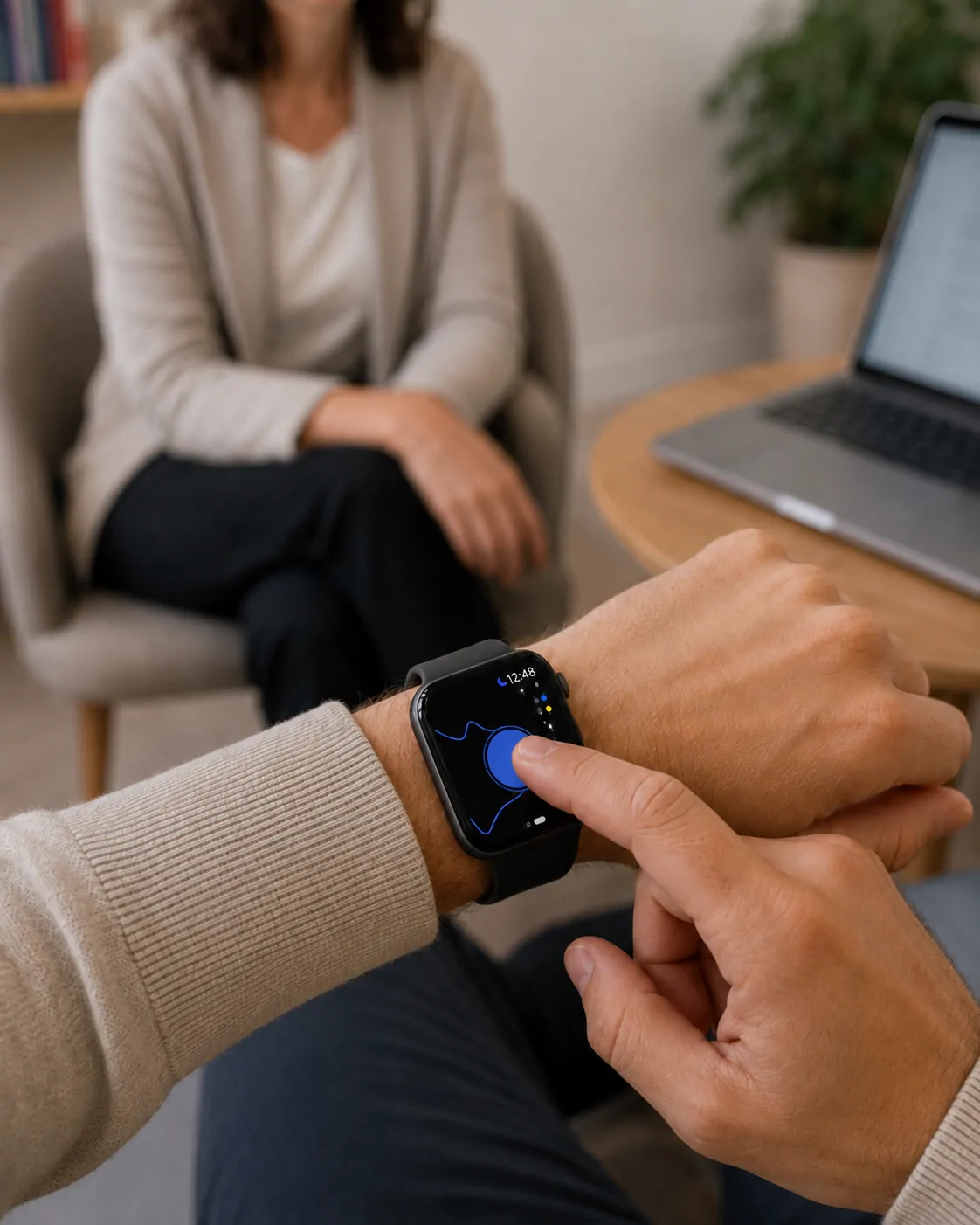 A client taps a Habit Bandz session on Apple Watch during a session with their therapist