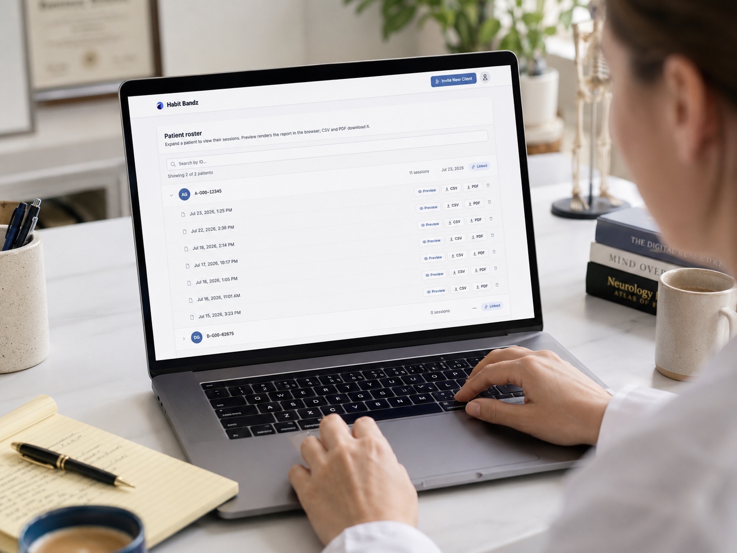 A clinician reviewing the patient roster and session reports on the Habit Bandz dashboard
