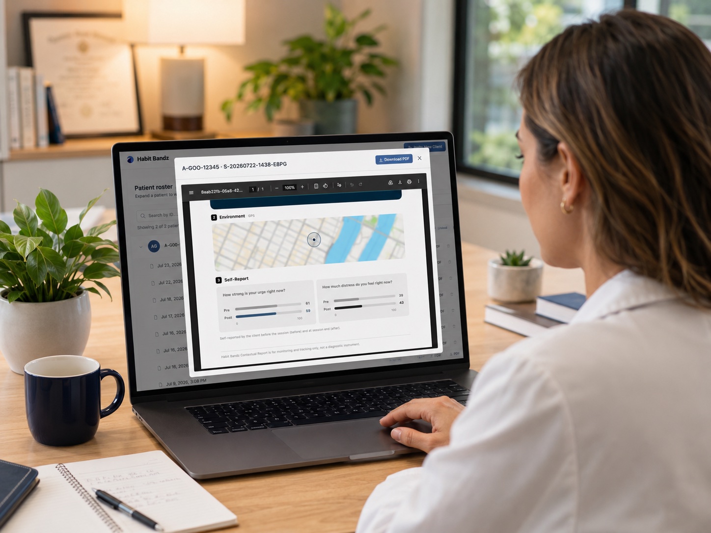 A clinician reviewing a Habit Bandz session report with location and self-report data on the dashboard