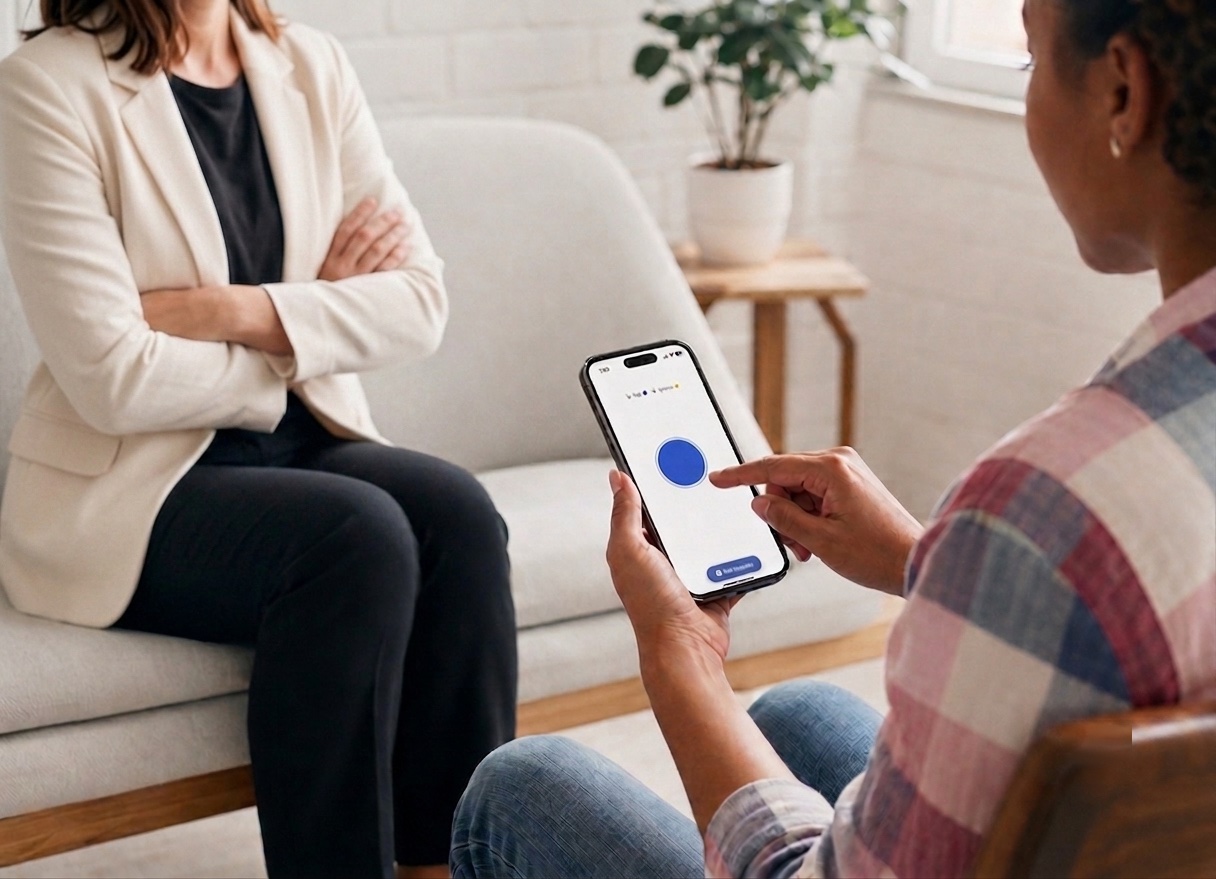A client taps a Habit Bandz session on iPhone during a session with their therapist