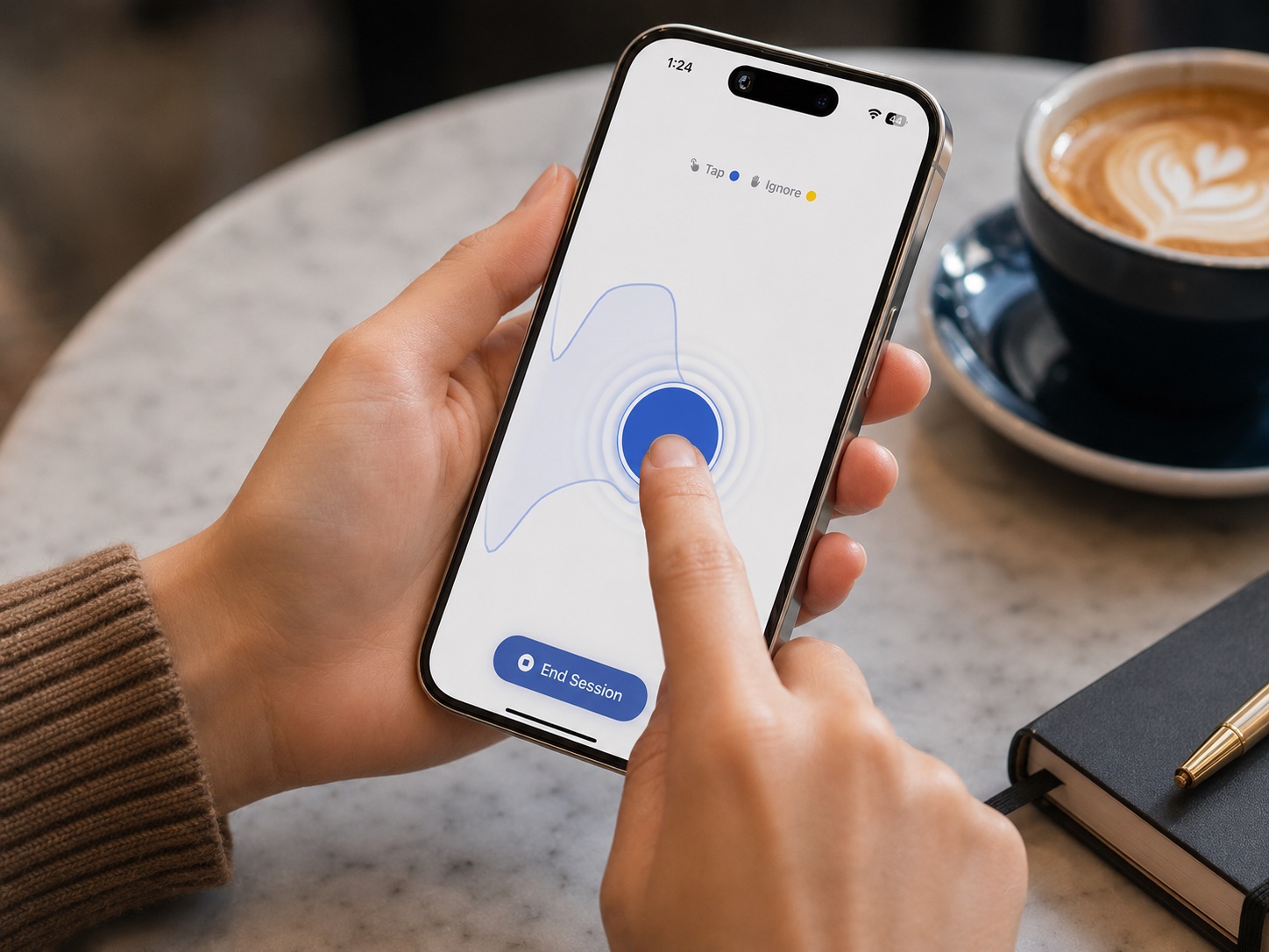 Tapping the blue circle in the Habit Bandz smart fidget app at a cafe