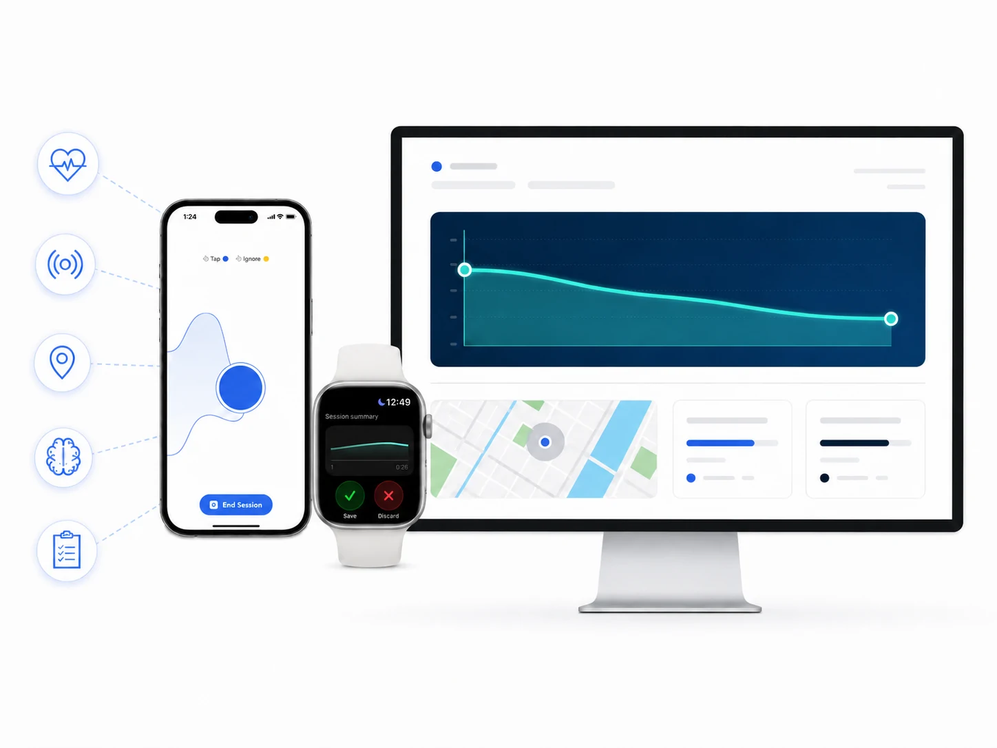 The Habit Bandz smart fidget app on iPhone and Apple Watch collects heart rate, location, mood, and session data, then delivers it to the clinician dashboard