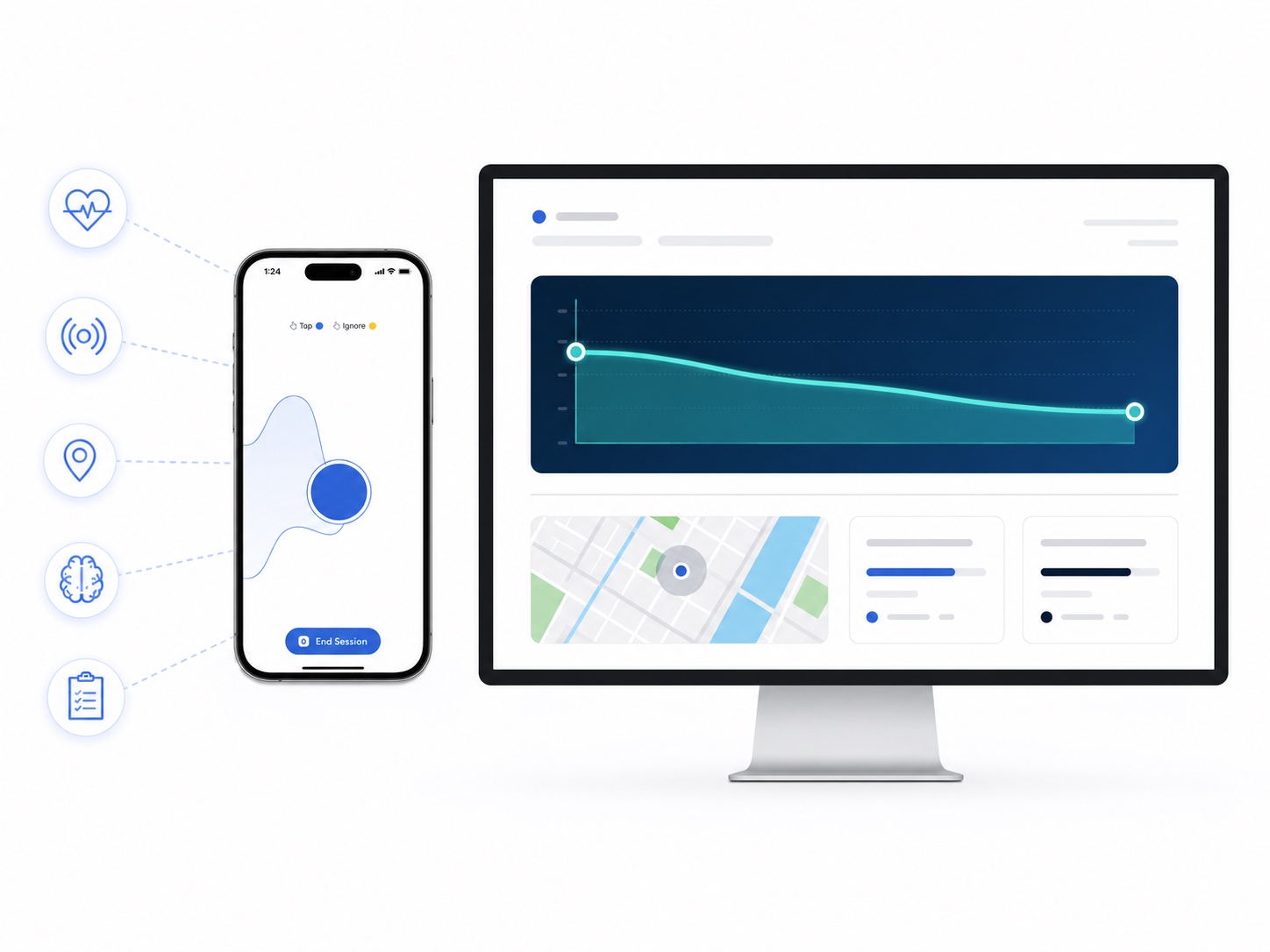 The Habit Bandz smart fidget app collects heart rate, location, mood, and session data, then delivers it to the clinician dashboard