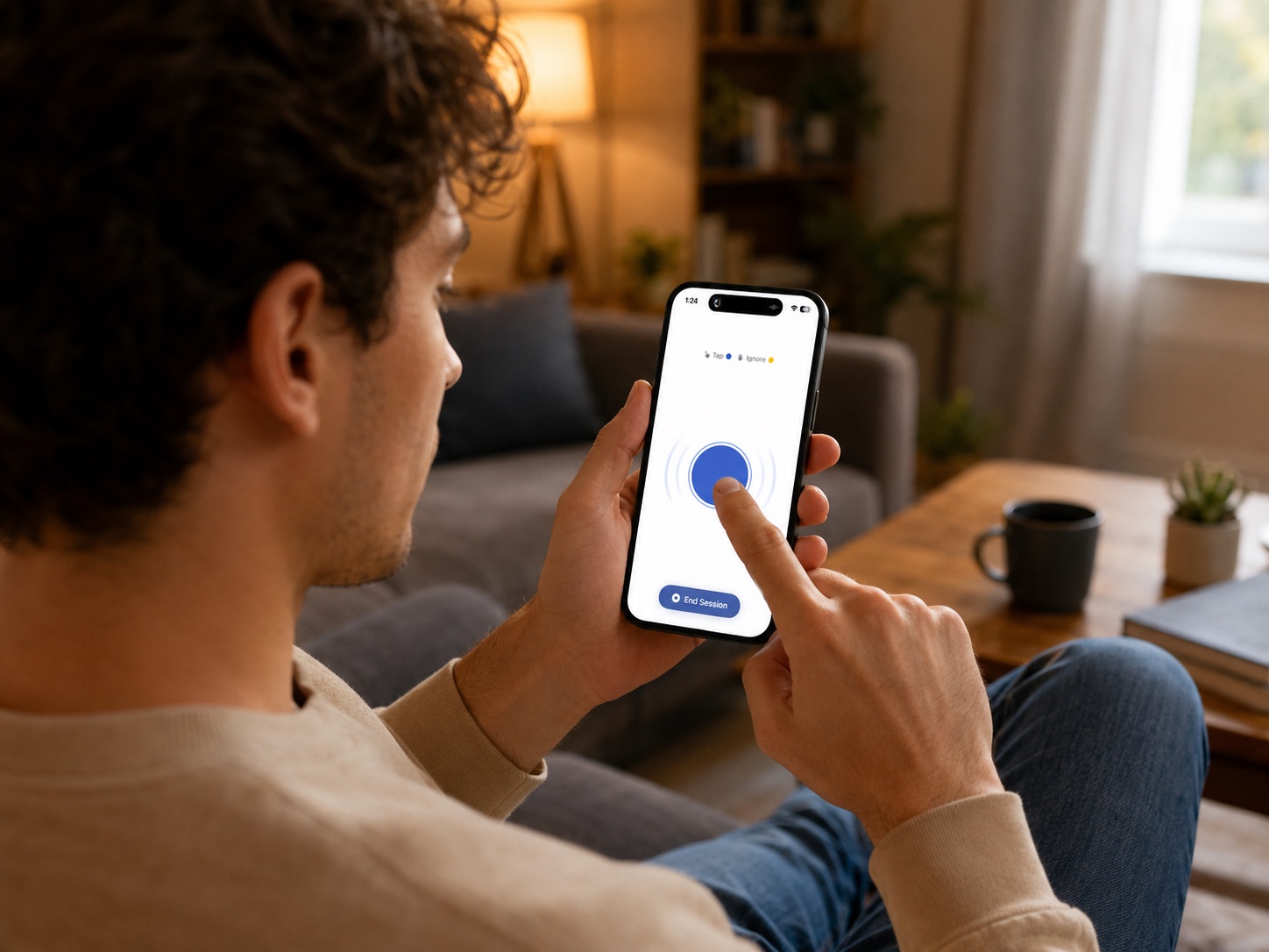 Tapping the blue circle in the Habit Bandz smart fidget app on iPhone