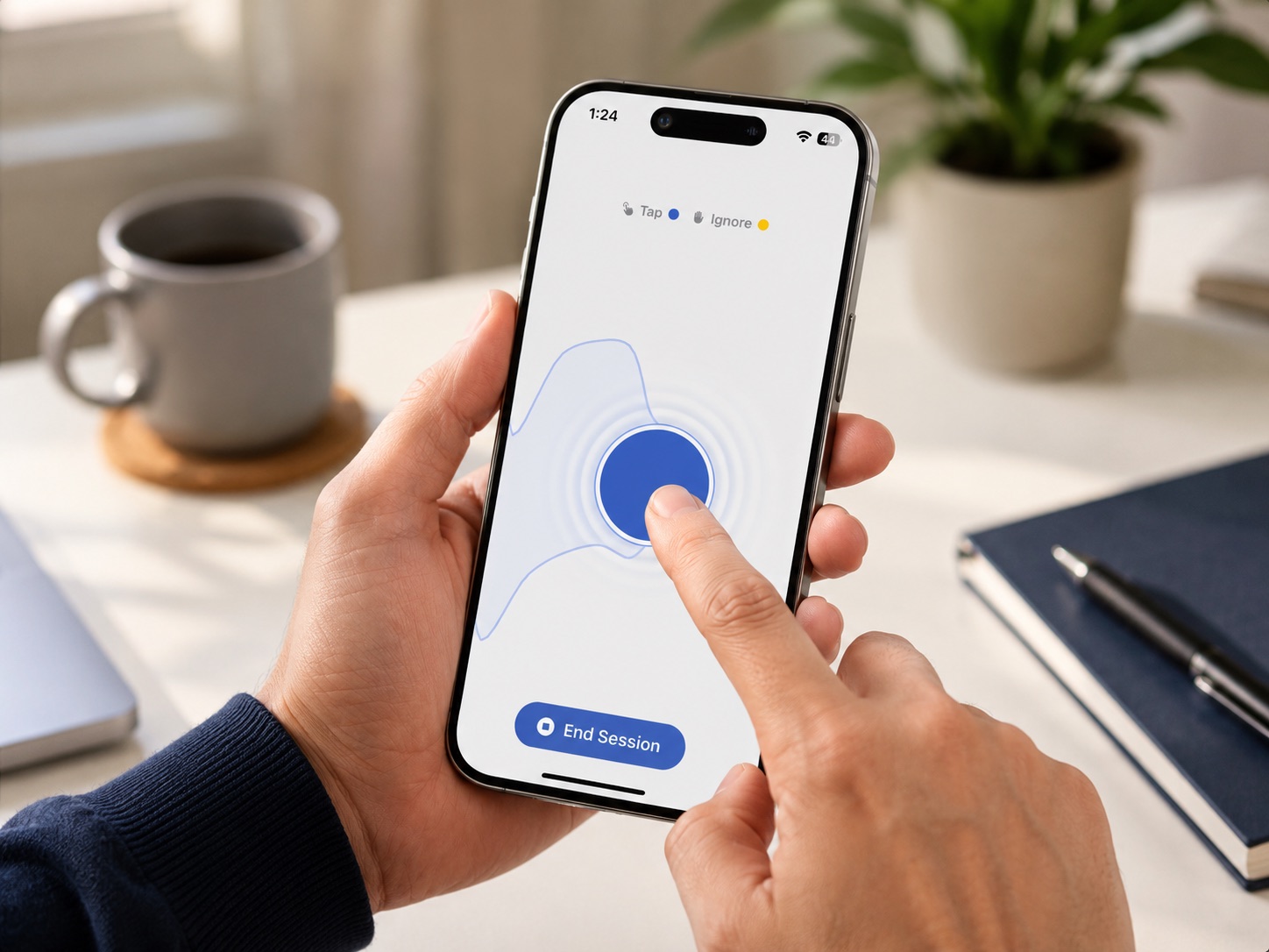 Holding the blue circle during a Habit Bandz smart fidget app session on iPhone